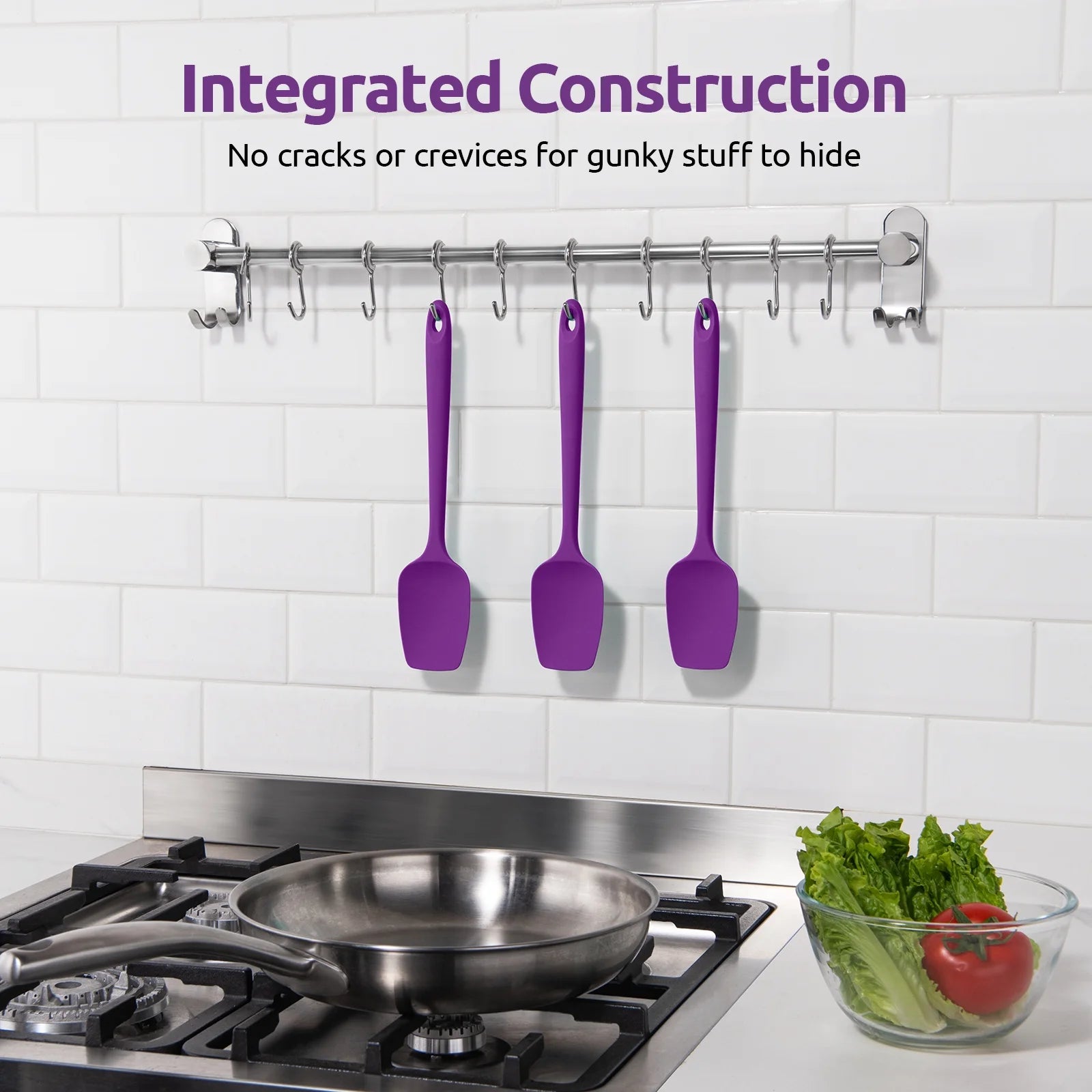 600°F High Heat Resistant Silicone Spoon Spatula Set of 3, Bpa-Free Food Grade Kitchen Cooking Baking Mixing One Piece Seamless Flexible Rubber Scraper for Nonstick Cookware (Purple)