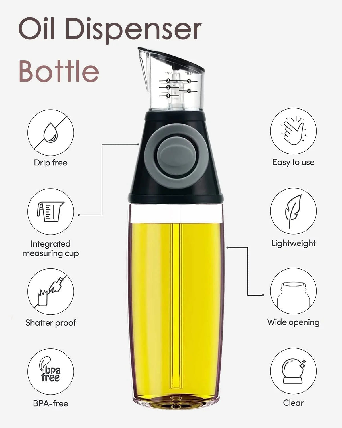 Olive Oil Dispenser Bottle, 8.5 Ounces Clear Glass Refillable Oil and Vinegar Dispenser with Measuring Scale Pump for Kitchen, Cooking, Salad, Baking, Frying