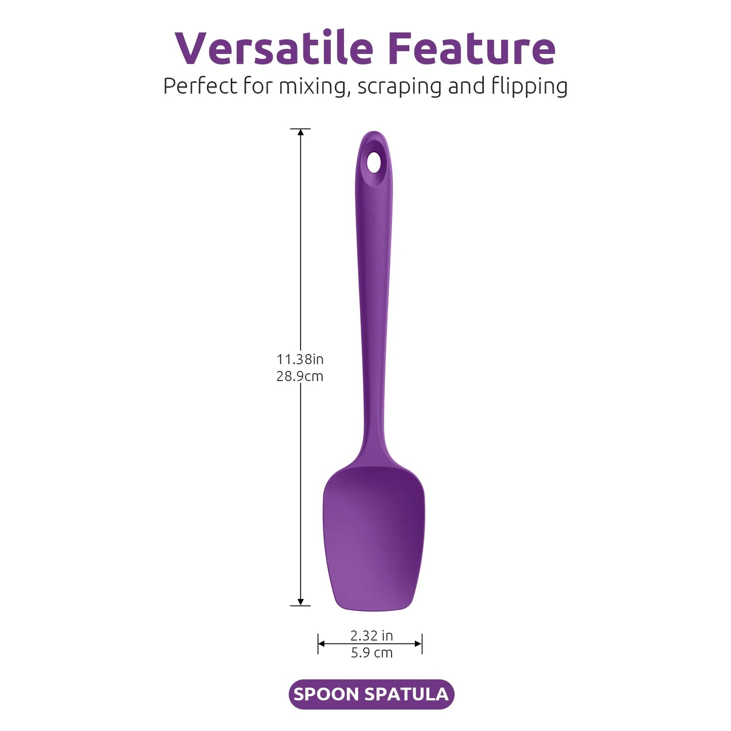 600°F High Heat Resistant Silicone Spoon Spatula Set of 3, Bpa-Free Food Grade Kitchen Cooking Baking Mixing One Piece Seamless Flexible Rubber Scraper for Nonstick Cookware (Purple)