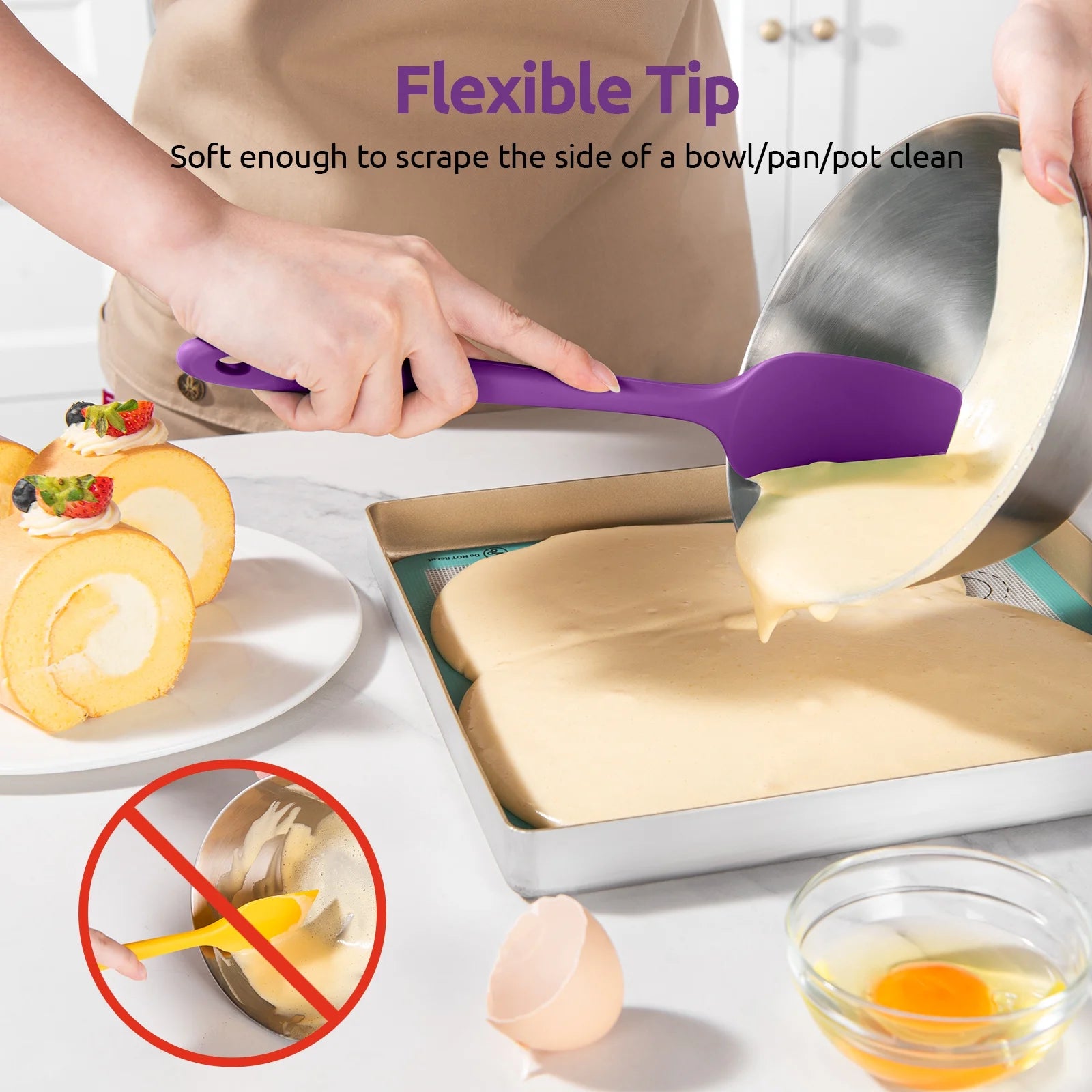 600°F High Heat Resistant Silicone Spoon Spatula Set of 3, Bpa-Free Food Grade Kitchen Cooking Baking Mixing One Piece Seamless Flexible Rubber Scraper for Nonstick Cookware (Purple)