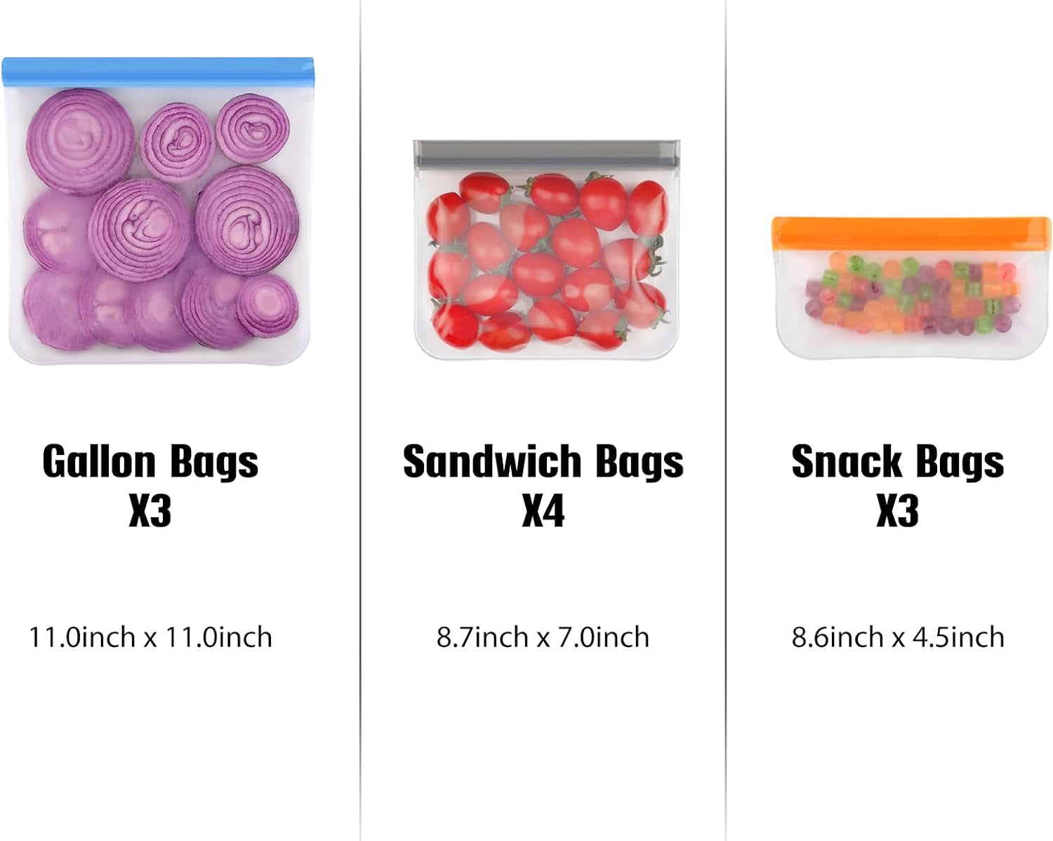 10 Pack Dishwasher Safe Reusable Bags, Leakproof Reusable Freezer Bags, BPA Free Food Storage Bags for Marinate Food Travel - 3 Gallon 4 Sandwich 3 Snack