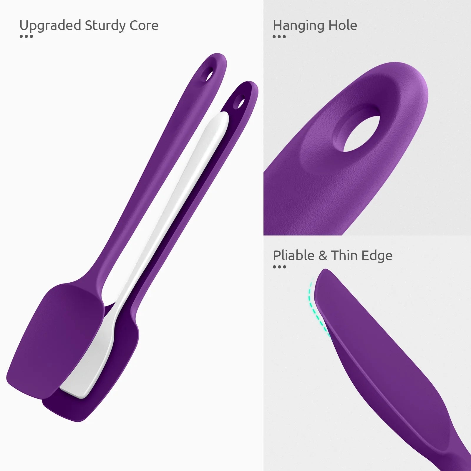 600°F High Heat Resistant Silicone Spoon Spatula Set of 3, Bpa-Free Food Grade Kitchen Cooking Baking Mixing One Piece Seamless Flexible Rubber Scraper for Nonstick Cookware (Purple)