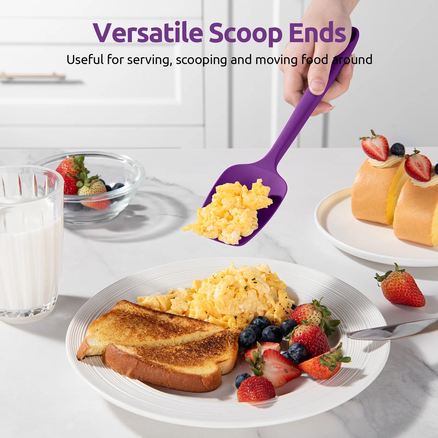 600°F High Heat Resistant Silicone Spoon Spatula Set of 3, Bpa-Free Food Grade Kitchen Cooking Baking Mixing One Piece Seamless Flexible Rubber Scraper for Nonstick Cookware (Purple)