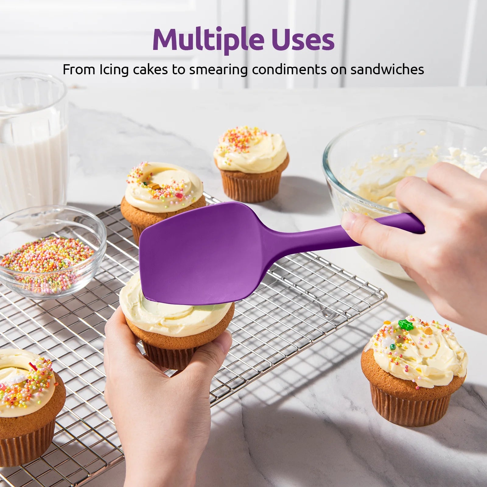 600°F High Heat Resistant Silicone Spoon Spatula Set of 3, Bpa-Free Food Grade Kitchen Cooking Baking Mixing One Piece Seamless Flexible Rubber Scraper for Nonstick Cookware (Purple)