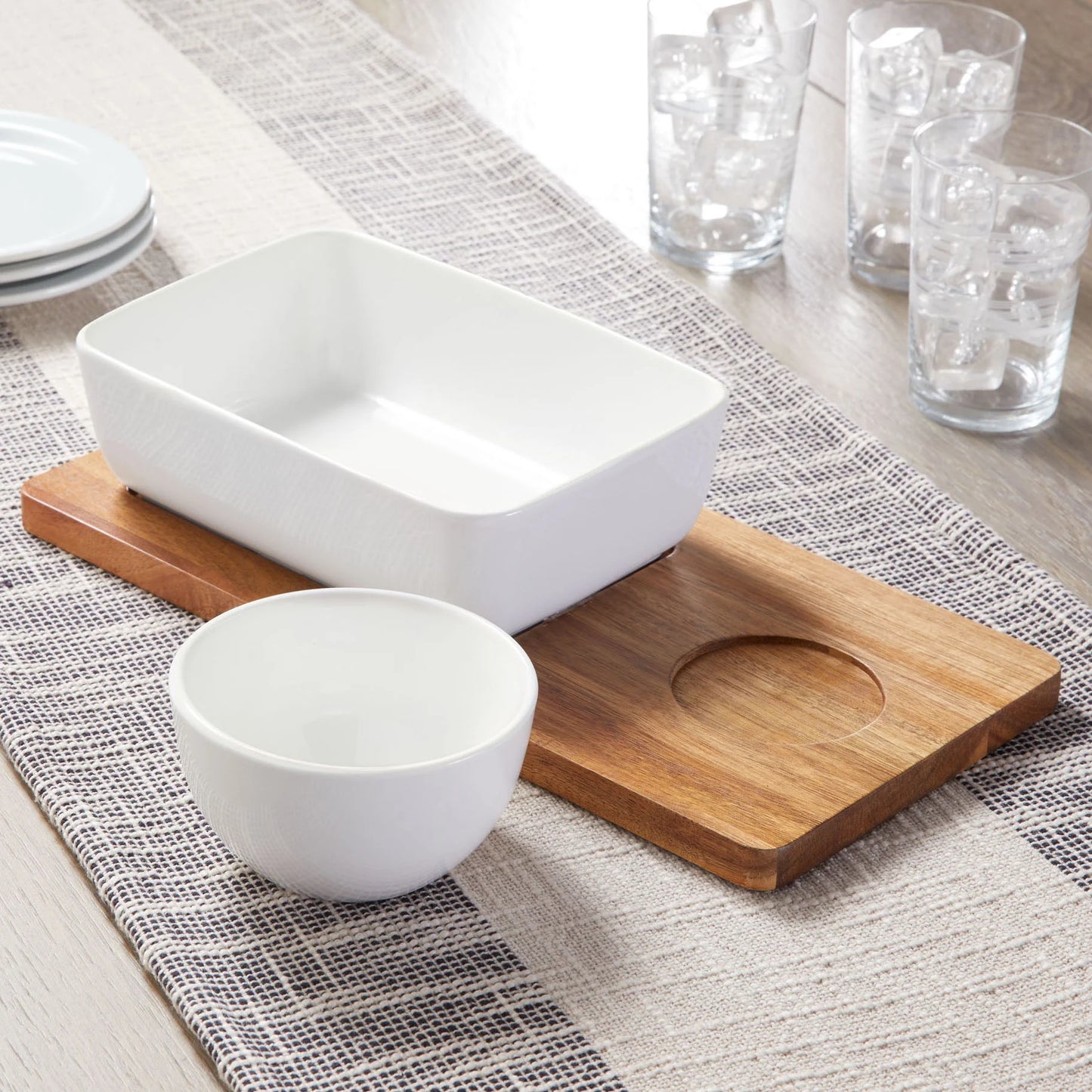 Ceramic Chip Dip Bowl with Acacia Tray, Natural Wood Color, 13.5X6.5X2.99 In