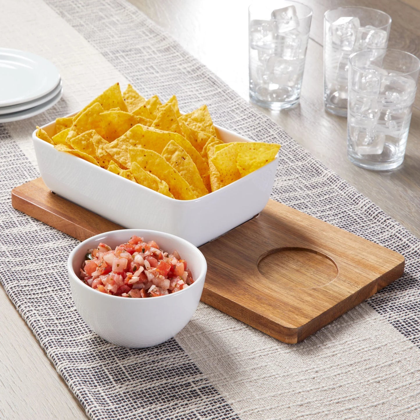 Ceramic Chip Dip Bowl with Acacia Tray, Natural Wood Color, 13.5X6.5X2.99 In