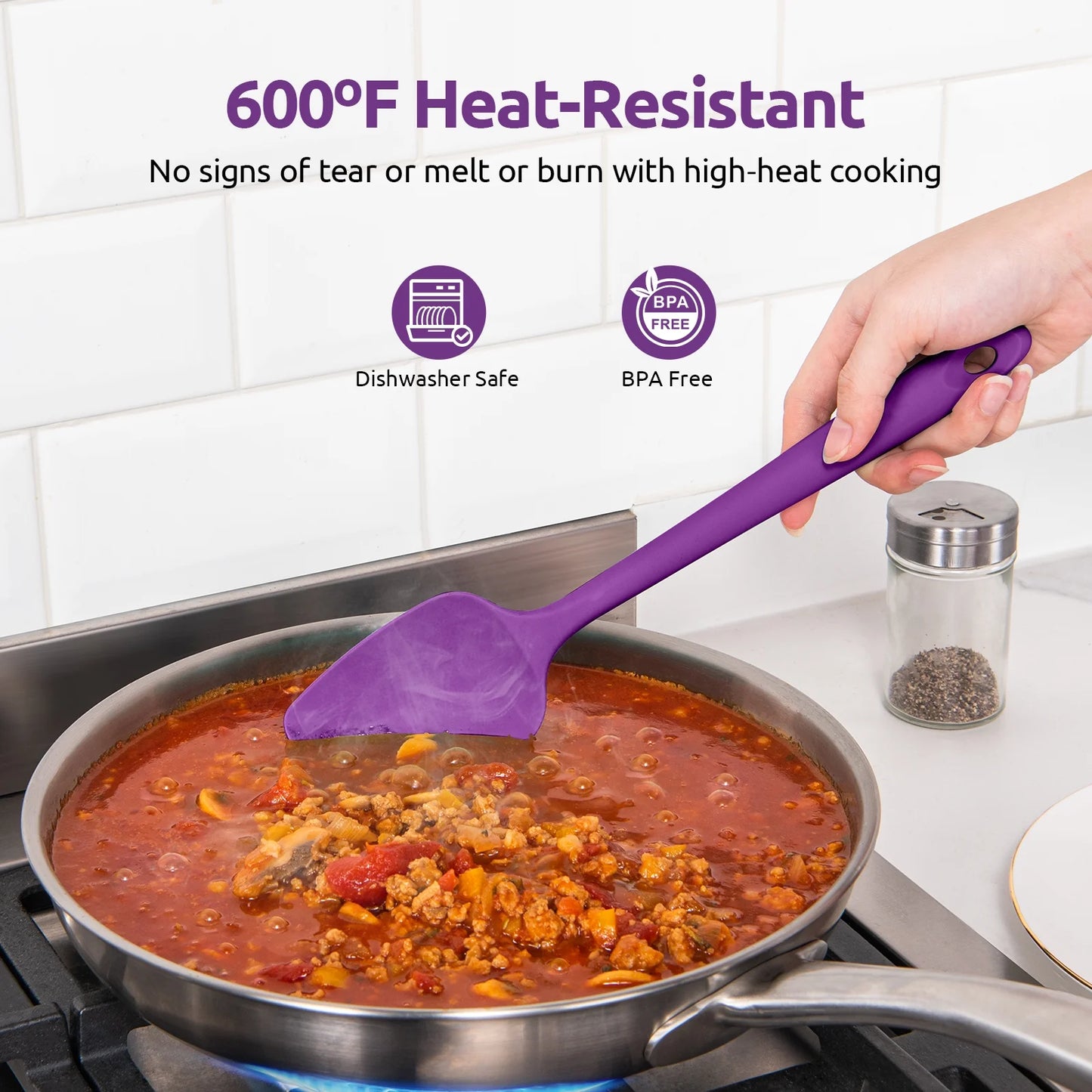 600°F High Heat Resistant Silicone Spoon Spatula Set of 3, Bpa-Free Food Grade Kitchen Cooking Baking Mixing One Piece Seamless Flexible Rubber Scraper for Nonstick Cookware (Purple)