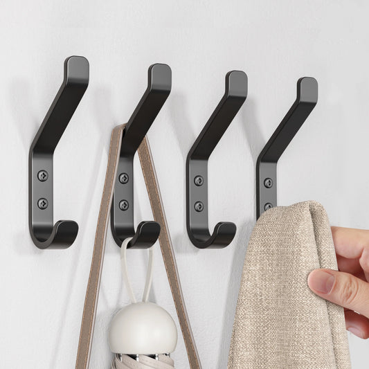 Hook Wall Hanging Hanger: 4 Packs, Heavy Duty Black Metal Stainless Steel Hooks for Coats, Hats, Towels, Clothes - Screw-In Mount for Bathroom, Door, Outdoor, Plant Holder