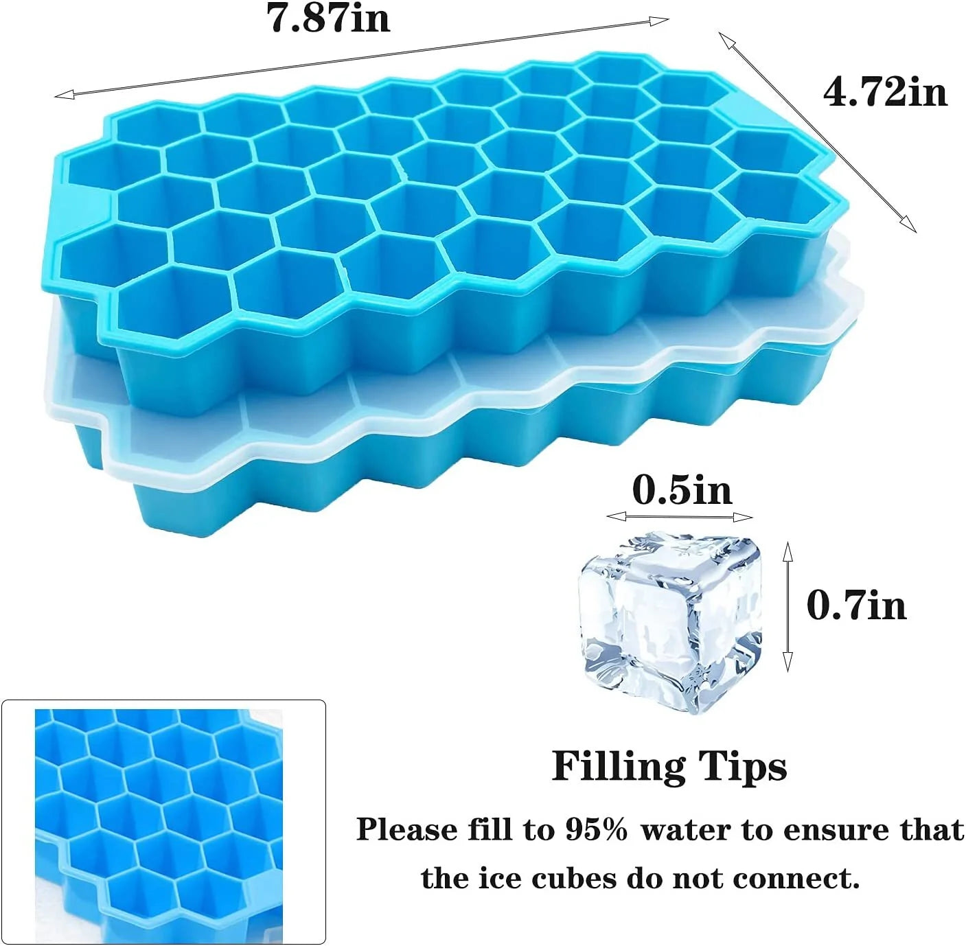 Ice Cube Trays with Lids 2 Pack Small Food Grade Silicone BPA Free for Freezer Flexible Easy-Release Stackable Ice Cube Mold (Blue)