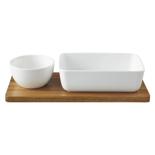 Ceramic Chip Dip Bowl with Acacia Tray, Natural Wood Color, 13.5X6.5X2.99 In