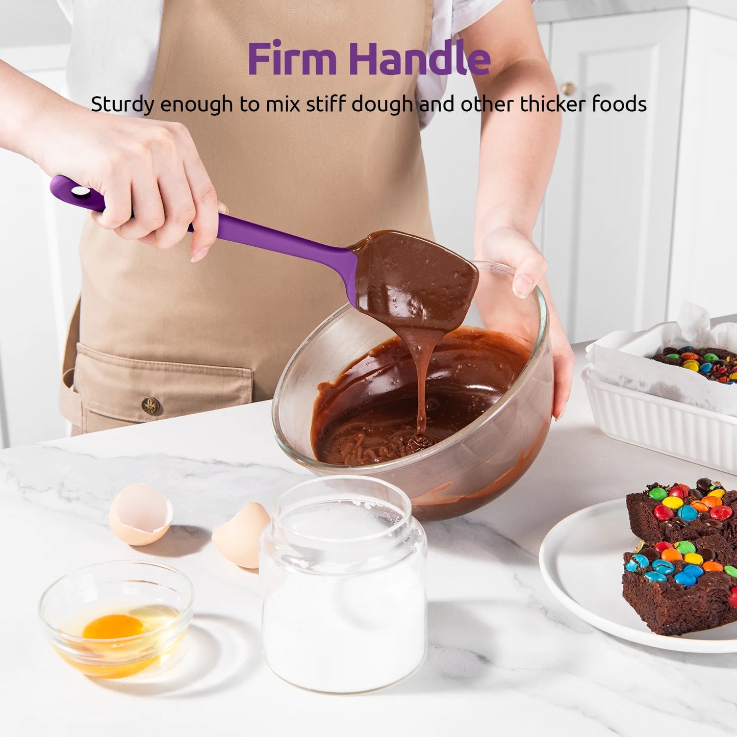 600°F High Heat Resistant Silicone Spoon Spatula Set of 3, Bpa-Free Food Grade Kitchen Cooking Baking Mixing One Piece Seamless Flexible Rubber Scraper for Nonstick Cookware (Purple)