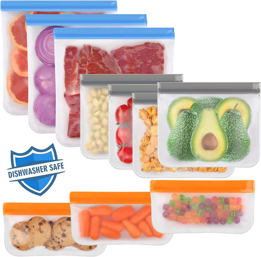 10 Pack Dishwasher Safe Reusable Bags, Leakproof Reusable Freezer Bags, BPA Free Food Storage Bags for Marinate Food Travel - 3 Gallon 4 Sandwich 3 Snack