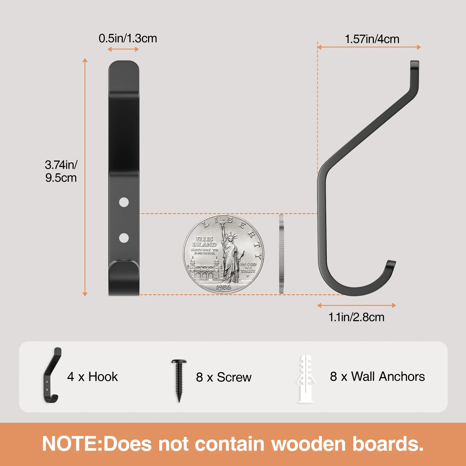 Hook Wall Hanging Hanger: 4 Packs, Heavy Duty Black Metal Stainless Steel Hooks for Coats, Hats, Towels, Clothes - Screw-In Mount for Bathroom, Door, Outdoor, Plant Holder