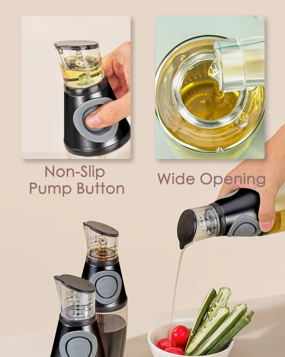 Olive Oil Dispenser Bottle, 8.5 Ounces Clear Glass Refillable Oil and Vinegar Dispenser with Measuring Scale Pump for Kitchen, Cooking, Salad, Baking, Frying