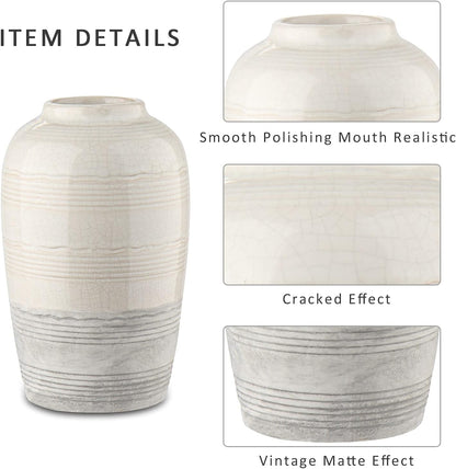 Ceramic Rustic Farmhouse Vase for Home Decor 9 Inch Decorative Boho White Pottery Flower Vase for Centerpiece Living Room Bedroom Kitchen Bathroom Dining Table Mantel Shelf Decor