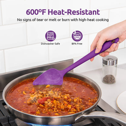 600°F High Heat Resistant Silicone Spoon Spatula Set of 3, Bpa-Free Food Grade Kitchen Cooking Baking Mixing One Piece Seamless Flexible Rubber Scraper for Nonstick Cookware (Purple)