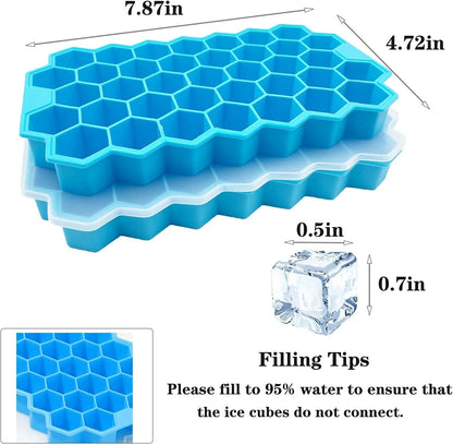 Ice Cube Trays with Lids 2 Pack Small Food Grade Silicone BPA Free for Freezer Flexible Easy-Release Stackable Ice Cube Mold (Blue)