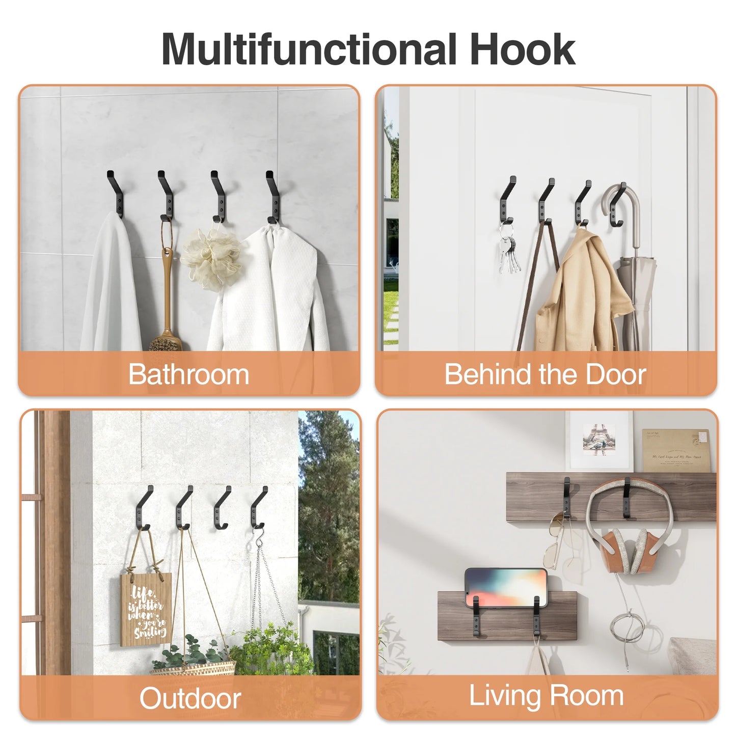 Hook Wall Hanging Hanger: 4 Packs, Heavy Duty Black Metal Stainless Steel Hooks for Coats, Hats, Towels, Clothes - Screw-In Mount for Bathroom, Door, Outdoor, Plant Holder