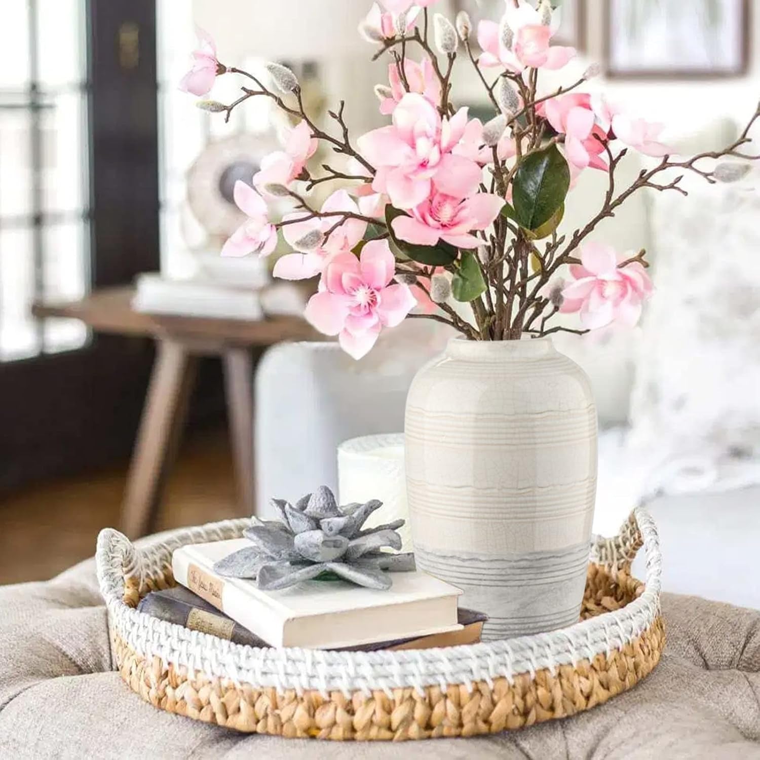 Ceramic Rustic Farmhouse Vase for Home Decor 9 Inch Decorative Boho White Pottery Flower Vase for Centerpiece Living Room Bedroom Kitchen Bathroom Dining Table Mantel Shelf Decor