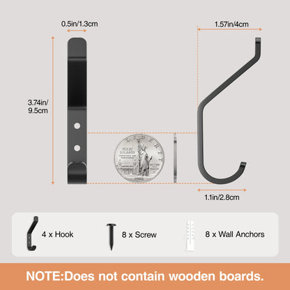 Hook Wall Hanging Hanger: 4 Packs, Heavy Duty Black Metal Stainless Steel Hooks for Coats, Hats, Towels, Clothes - Screw-In Mount for Bathroom, Door, Outdoor, Plant Holder